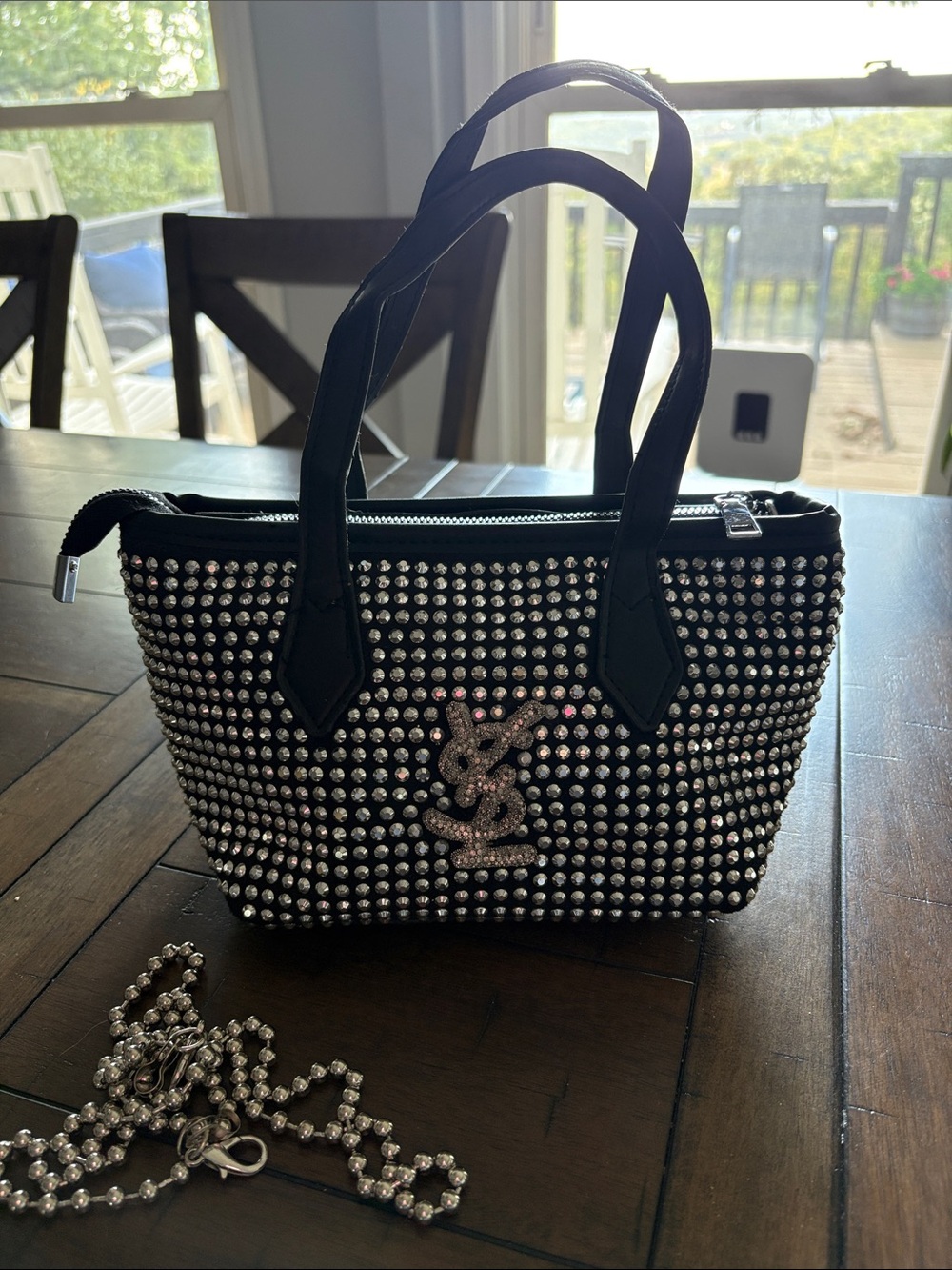 Black Crystal-Embellished Fashion Small Bag with Longer Chain Strap and Handles